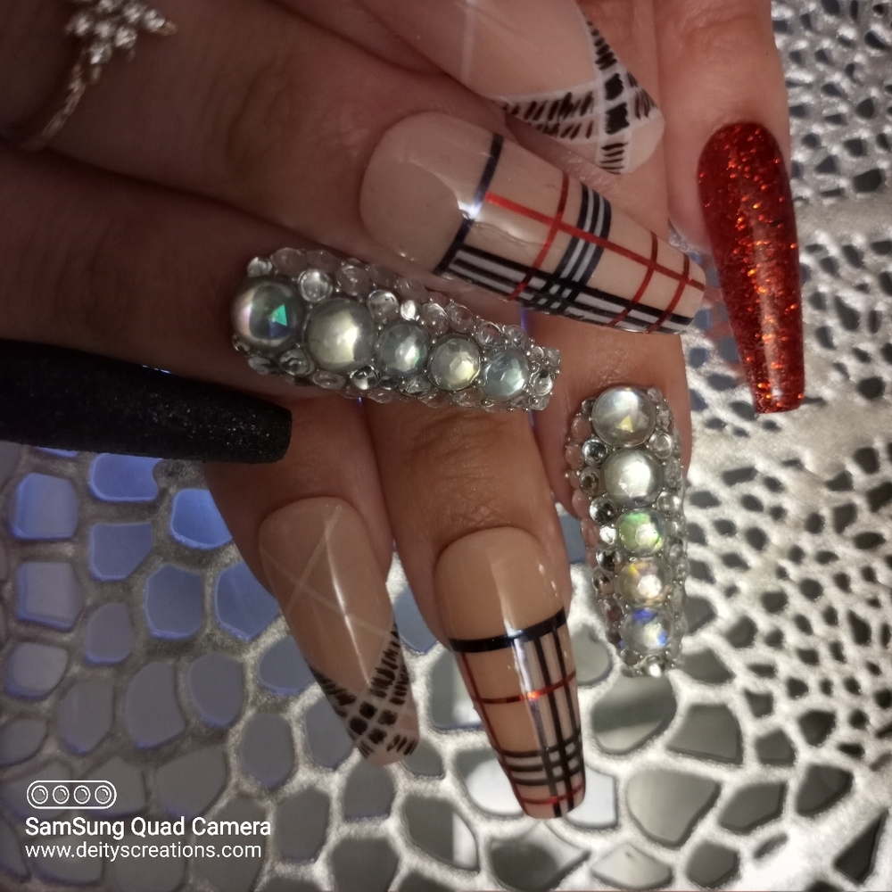 Nude red n black tartan/plaid and bling/ luxury acrylic press on nails pPN123